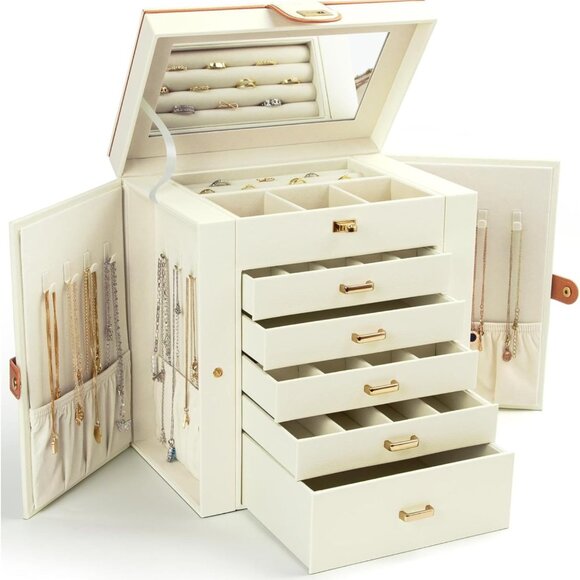Jewelry Box for Women, 6-Layer Large Jewelry Holder Organizer Box with Mirror & - Picture 1 of 7